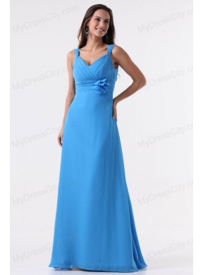 Simple Blue Straps Ruching Hand Made Flower Floor-length Chiffon Prom Dress