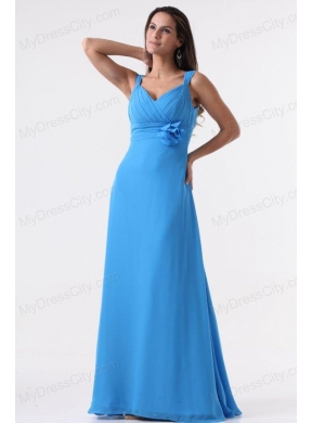 Simple Blue Straps Ruching Hand Made Flower Floor-length Chiffon Prom Dress