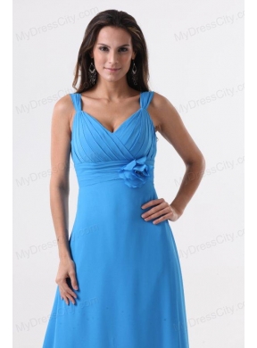 Simple Blue Straps Ruching Hand Made Flower Floor-length Chiffon Prom Dress