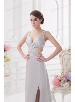 Straps High Slit Criss Cross Watteau Train Prom Dress in Light Grey