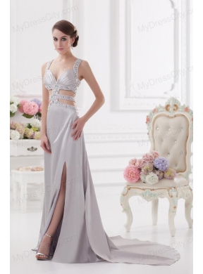 Straps High Slit Criss Cross Watteau Train Prom Dress in Light Grey