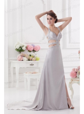 Straps High Slit Criss Cross Watteau Train Prom Dress in Light Grey