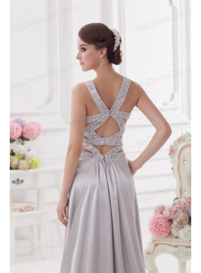 Straps High Slit Criss Cross Watteau Train Prom Dress in Light Grey