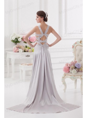 Straps High Slit Criss Cross Watteau Train Prom Dress in Light Grey