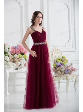 Wine Red Straps Empire Ruching and Beading Prom Dress with Belt