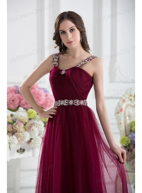 Wine Red Straps Empire Ruching and Beading Prom Dress with Belt