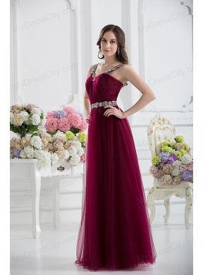 Wine Red Straps Empire Ruching and Beading Prom Dress with Belt