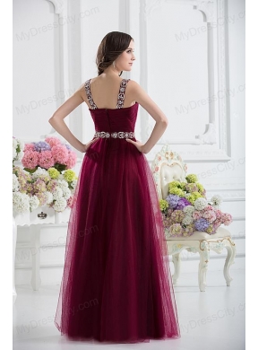 Wine Red Straps Empire Ruching and Beading Prom Dress with Belt