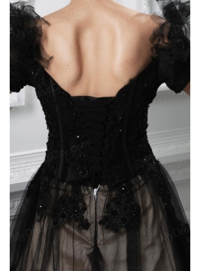 2014 New A-line Appliques V-neck Tulle Black Prom Dress