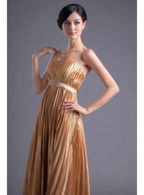 A-line Brown Floor-length Pleats Chiffon Prom Beading Dress