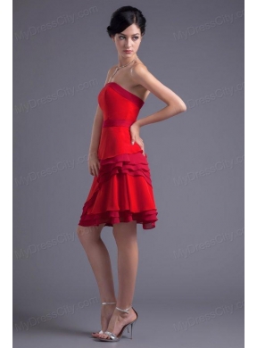 A-line Red Strapless Mini-length Chiffon Ruching Prom Dress