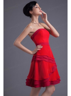 A-line Red Strapless Mini-length Chiffon Ruching Prom Dress