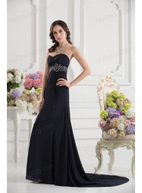 A-line Sweetheart Chiffon Beading Ruching Black Prom Dress