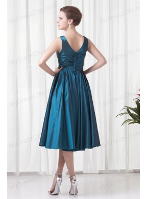 A-line V-neck Teal Taffeta Ruching Knee-length Prom Dress