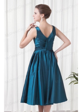 A-line V-neck Teal Taffeta Ruching Knee-length Prom Dress