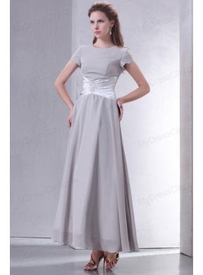 Ankle-length Grey Empire Scoop Prom Dress with Short Sleeves