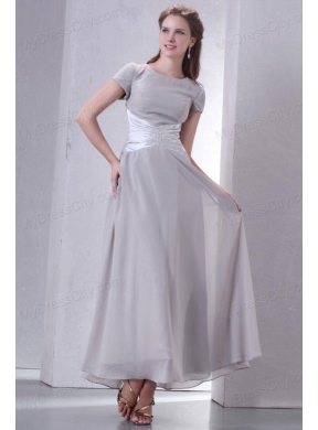 Ankle-length Grey Empire Scoop Prom Dress with Short Sleeves