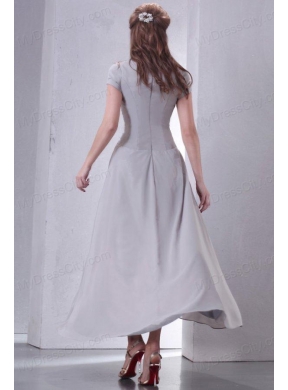 Ankle-length Grey Empire Scoop Prom Dress with Short Sleeves