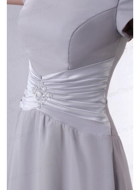 Ankle-length Grey Empire Scoop Prom Dress with Short Sleeves