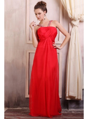 Beaded Decorate Straps Chiffon Long Red Prom Dress with Ruche