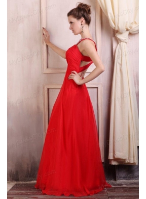 Beaded Decorate Straps Chiffon Long Red Prom Dress with Ruche