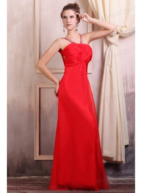 Beaded Decorate Straps Chiffon Long Red Prom Dress with Ruche