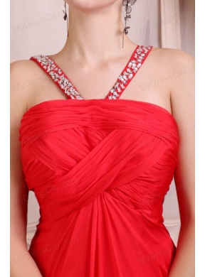 Beaded Decorate Straps Chiffon Long Red Prom Dress with Ruche