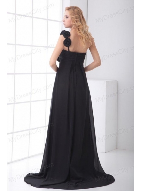 Black Empire One Shoulder Floor-length Hand Made Flowers Chiffon Prom Dress