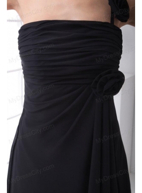 Black Empire One Shoulder Floor-length Hand Made Flowers Chiffon Prom Dress