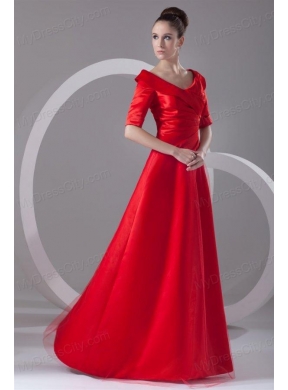 Cheap Column V-neck Red Taffeta Half Sleeves Red Ruching Prom Dress