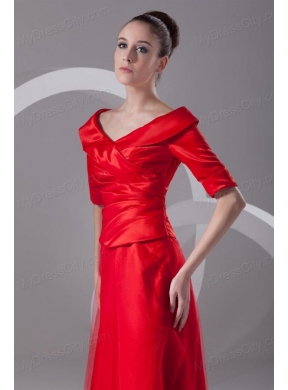 Cheap Column V-neck Red Taffeta Half Sleeves Red Ruching Prom Dress