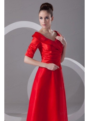 Cheap Column V-neck Red Taffeta Half Sleeves Red Ruching Prom Dress