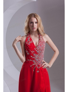 Column Halter Top Chiffon Beading Ruching Red Prom Dress