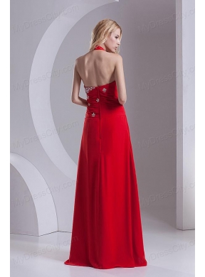 Column Halter Top Chiffon Beading Ruching Red Prom Dress