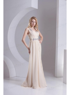 Column One Shoulder Chiffon and Lace Beading Ruching Ivory Prom Dress