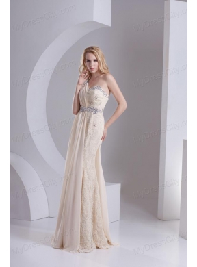 Column One Shoulder Chiffon and Lace Beading Ruching Ivory Prom Dress