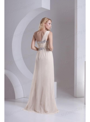 Column One Shoulder Chiffon and Lace Beading Ruching Ivory Prom Dress