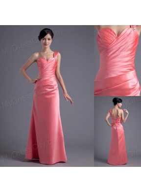 Column One Shoulder Ruching Satin Watermelon Red Prom Dress