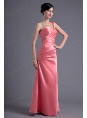 Column One Shoulder Ruching Satin Watermelon Red Prom Dress