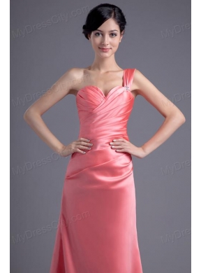 Column One Shoulder Ruching Satin Watermelon Red Prom Dress