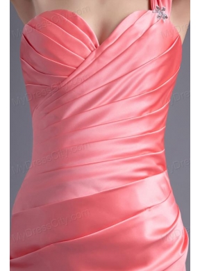 Column One Shoulder Ruching Satin Watermelon Red Prom Dress