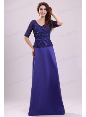 Column V-neck Lace Sash Purple Half Sleeves Satin Long Prom Dress