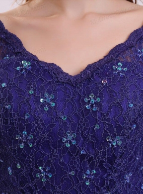 Column V-neck Lace Sash Purple Half Sleeves Satin Long Prom Dress