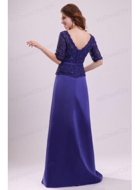 Column V-neck Lace Sash Purple Half Sleeves Satin Long Prom Dress