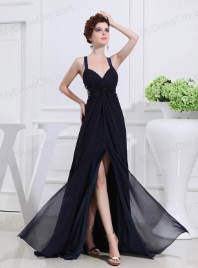 Empire Floor-length Straps Ruching Navy Blue Prom Dress