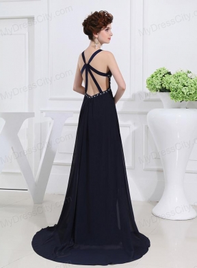 Empire Floor-length Straps Ruching Navy Blue Prom Dress