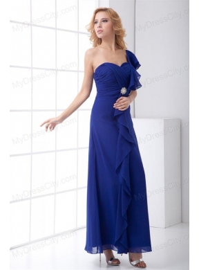 Empire One Shoulder Ankle-length Chiffon Blue Ruching Prom Dress