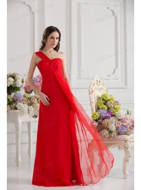 Empire One Shoulder Chiffon Ruching Floor-length Prom Dress in Red