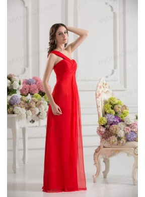 Empire One Shoulder Chiffon Ruching Floor-length Prom Dress in Red