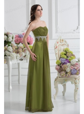 Empire Strapless Chiffon Beading Ruching Olive Green Prom Dress